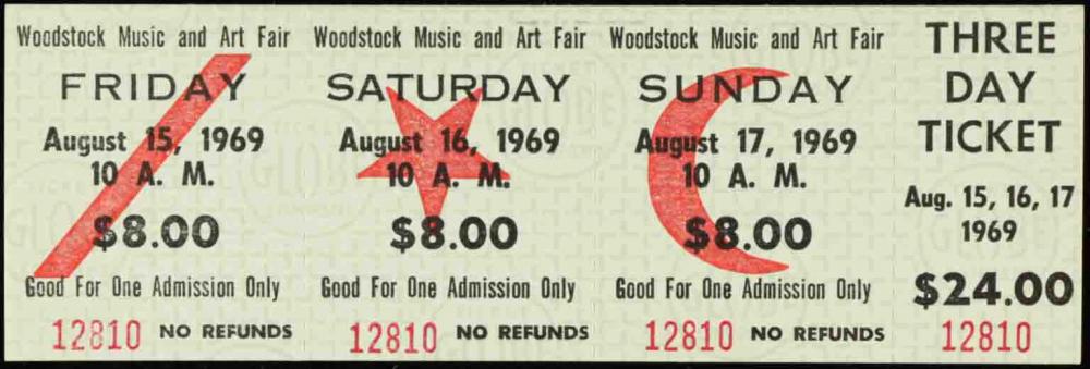 Woodstock Authentic Three Day Unused Ticket from August: Woodstock Authentic Three Day Unused Ticket from August 15, 16, 17, 1969