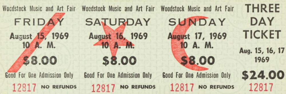 Woodstock Authentic Three Day Unused Ticket from August: Woodstock Authentic Three Day Unused Ticket from August 15, 16, 17, 1969