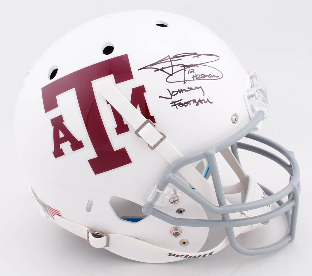 Johnny Manziel Signed Texas A&M Aggies Full-Size Helmet: Schutt Texas A&M Aggies full-size replica helmet. Hand-signed and inscribed by Johnny Manziel. Please see images for details regarding the condition of the helmet. The lot / autograph(s) includes an o