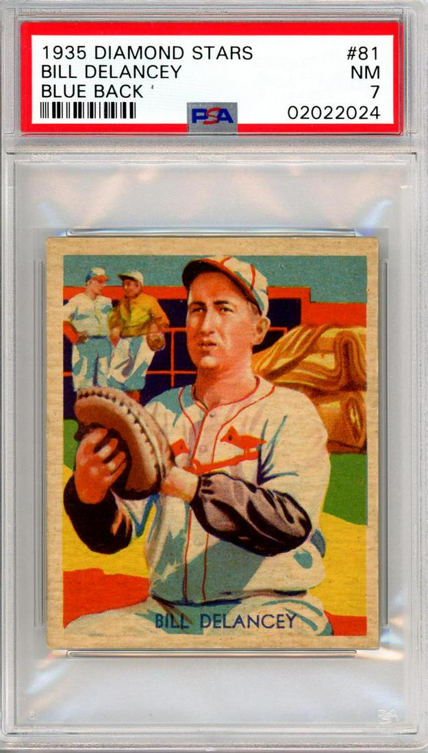 1935 Diamond Stars Bill Delancey #81. Blue back. PSA 7: 1935 Diamond Stars Bill Delancey #81. Blue back. PSA 7 NM