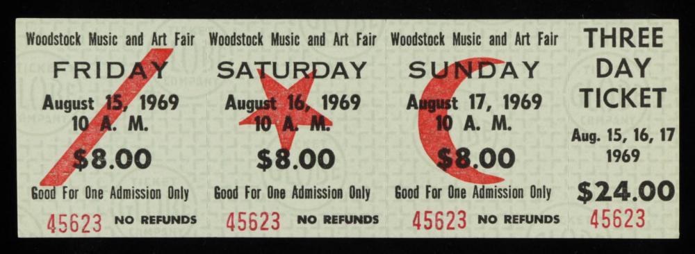 Woodstock Authentic Three Day Unused Ticket from August: Woodstock Authentic Three Day Unused Ticket from August 15, 16, 17, 1969