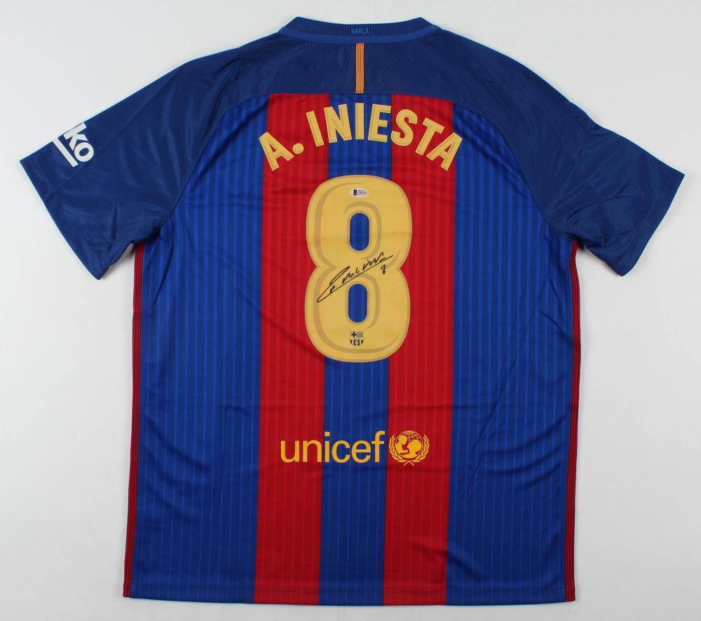 Andres Iniesta Signed FC Barcelona Jersey (Beckett COA): Nike on-field style jersey. Everything printed on, size XL. Hand-signed by Andres Iniesta. The lot / autograph(s) includes an official Beckett Authentication Services serially numbered hologram and ma