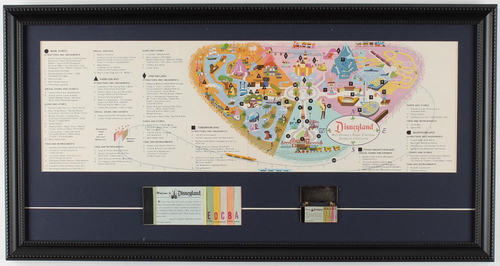 1962 Disneyland Map 14x26 Custom Framed Print Display: Custom frame measures 14" x 26" in size and features a 1962 Disneyland map with vintage ticket book and ticket booklet pin.