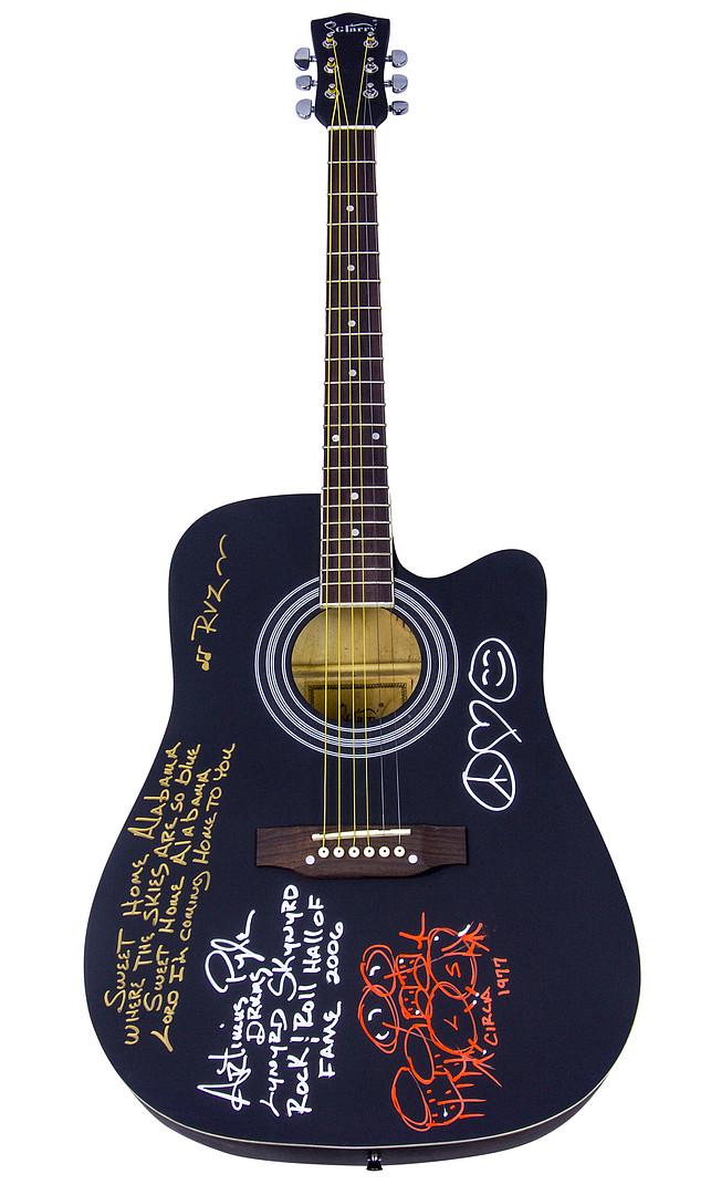 Artimus Pyle and Lynyrd Skynyrd Signed Black Acoustic: Artimus Pyle and Lynyrd Skynyrd Signed Black Acoustic Guitar with Multiple Inscriptions