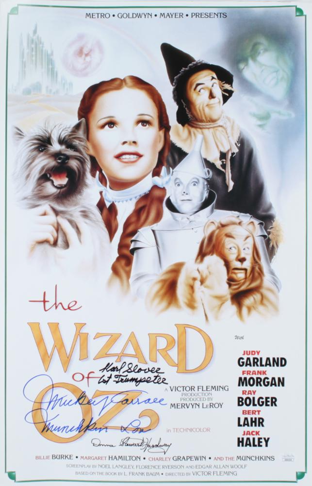 Mickey Carroll, Karl Stover, & Donna Hardaway Signed: Mickey Carroll, Karl Stover, & Donna Hardaway Signed "The Wizard of Oz" 15.5x24 Poster Inscribed "Munchkin Love" & "1st Trumpeter" (JSA COA) (See Description)