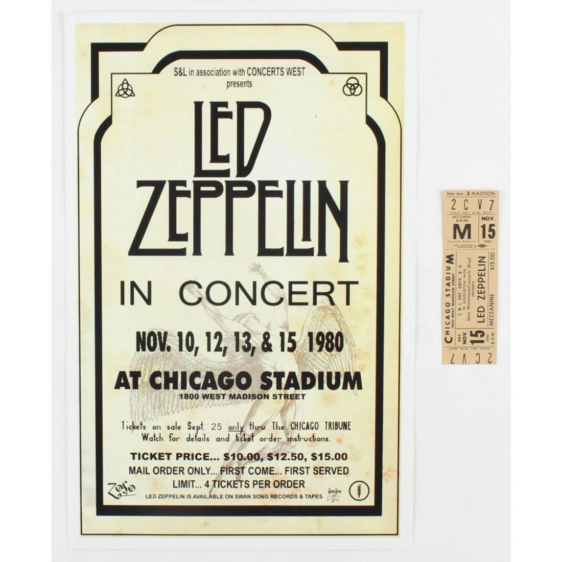 Set of (2) Led Zeppelin Concert Items with (1) Concert: Set of (2) Led Zeppelin Concert Items with (1) Concert Ticket & (1) 11x17 Concert Poster Print (Chicago Stadium Corporation LOA)