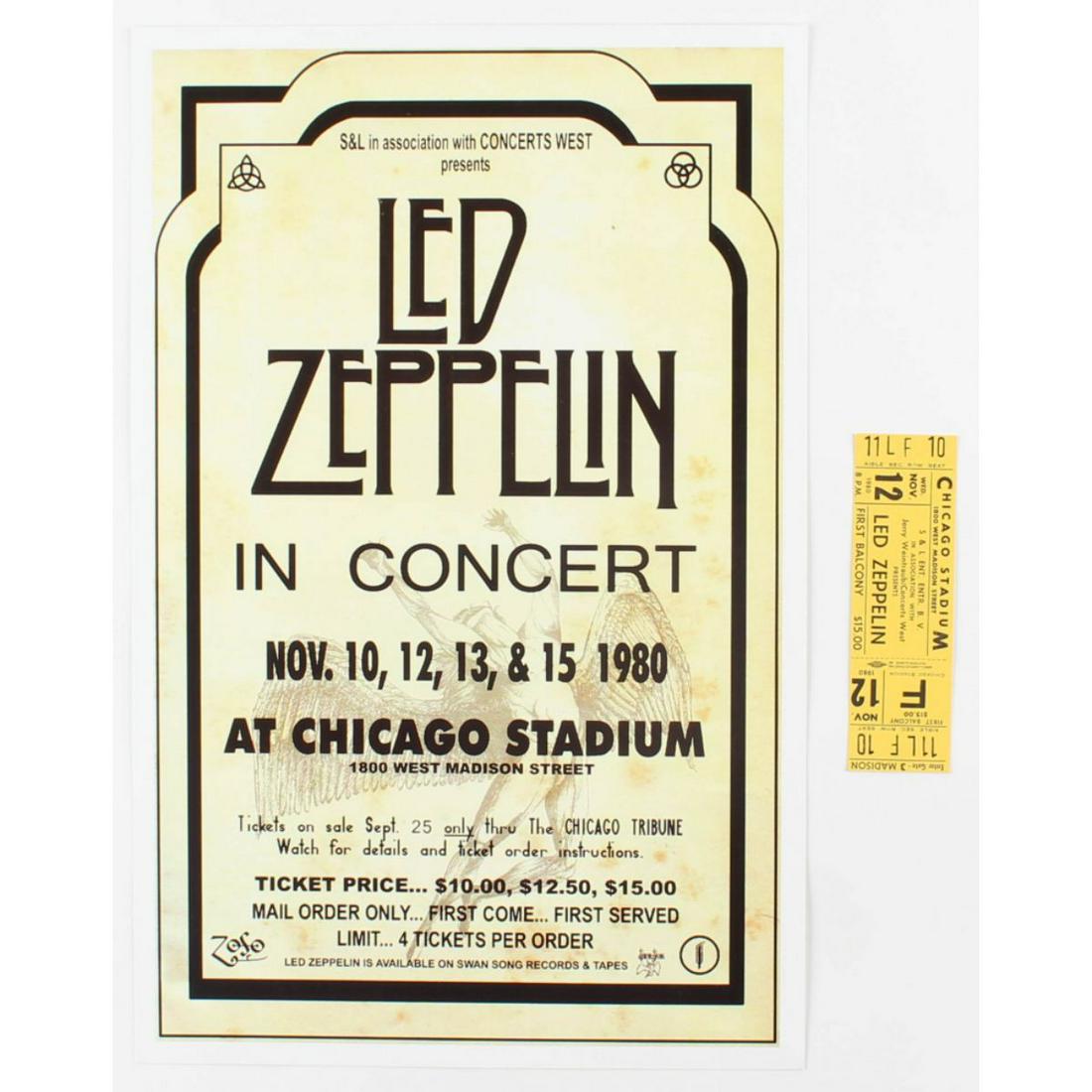 Set of (2) Led Zeppelin Concert Items with (1) Concert: Set of (2) Led Zeppelin Concert Items with (1) Concert Ticket & (1) 11x17 Concert Poster Print (Chicago Stadium Corporation LOA)