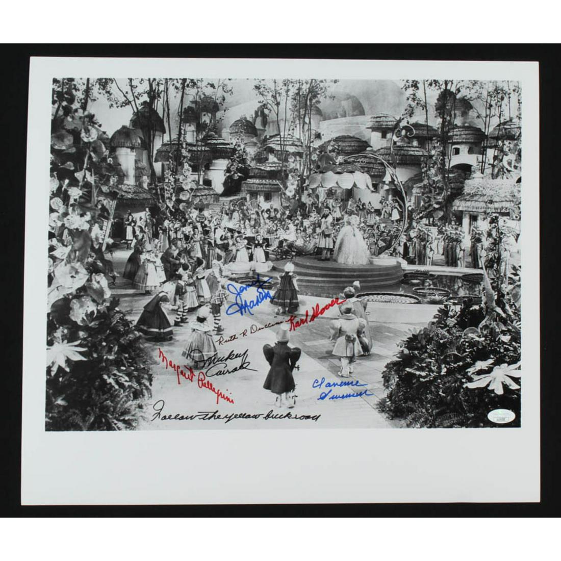 "The Wizard of Oz" 16x18.5 Photo Cast-Signed by (6): Photo measures approximately 16" x 18.5" in size and has been hand-signed and inscribed by (6) including Mickey Carroll, Jerry Maren, Karl Slover, Margaret Pellegrini, Clarence Swensen, and Ruth Ducci