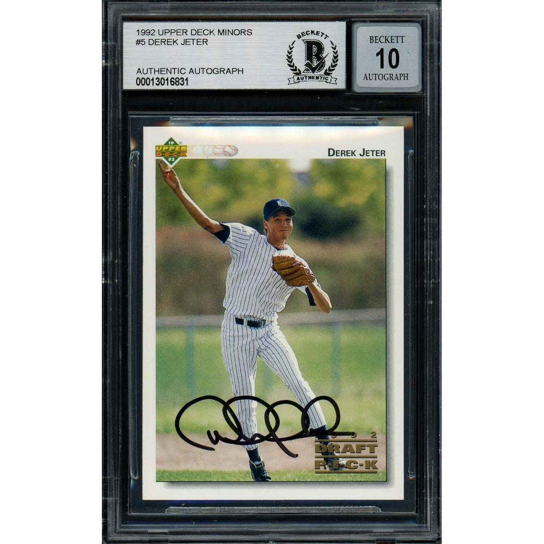 Derek Jeter Autographed 1992 Upper Deck Minor League: Derek Jeter Autographed 1992 Upper Deck Minor League Rookie Card #5 New York Yankees Auto Grade Gem Mint 10 Vintage Signature Beckett BAS