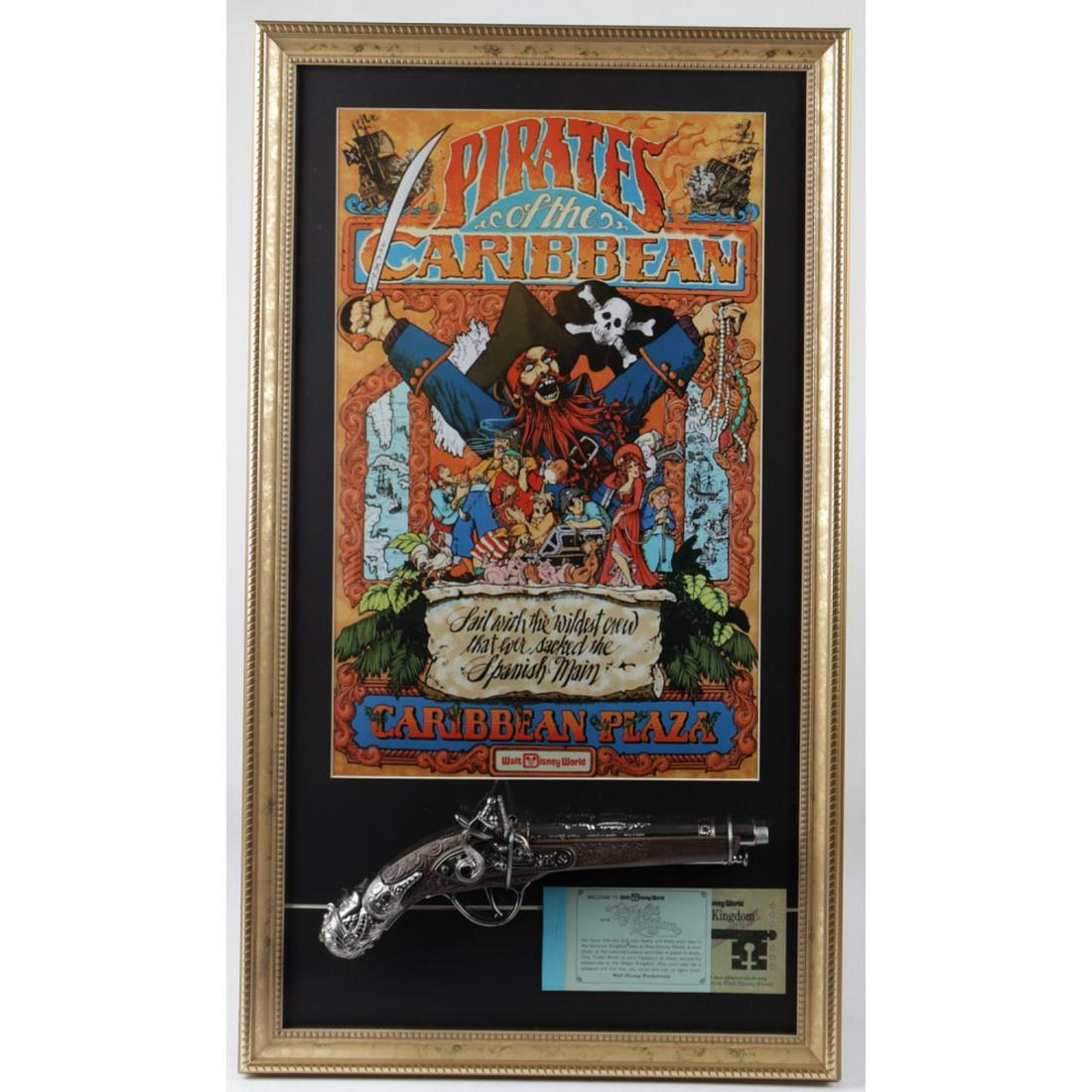 Disneyland "Pirates of the Caribbean" 15x26 Custom: Disneyland "Pirates of the Caribbean" 15x26 Custom Framed Print Display with Prop Pistol & Vintage Ticket Book