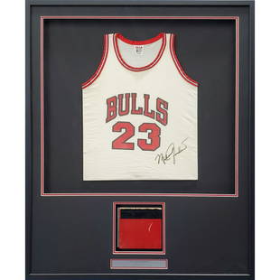 Chicago Bulls Michael Jordan Autographed Framed White: Chicago Bulls Michael Jordan Autographed Framed White Jersey With Game Used Floor Piece Beckett BAS