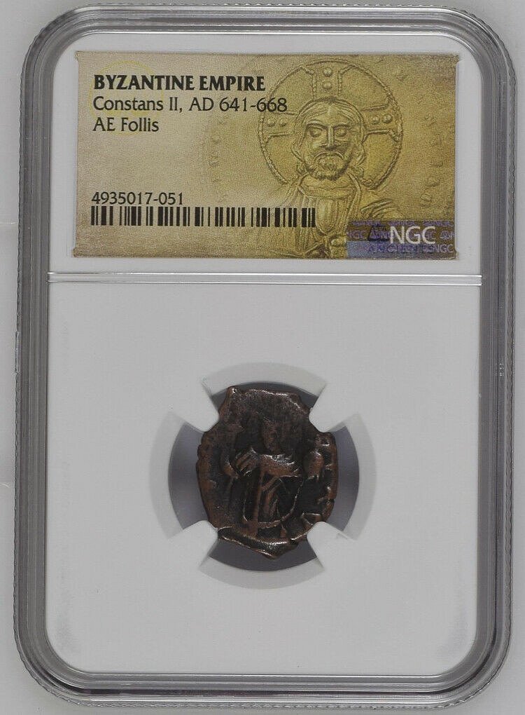 AD 641-668 Byzantine AE Follis NGC - Constans II: These coins are almost 1,500 years old and are from the well-known Byzantine Empire. These pieces are known as "Portrait of Christ Coins" since the obverse bears a depiction of Jesus Christ. Each coin
