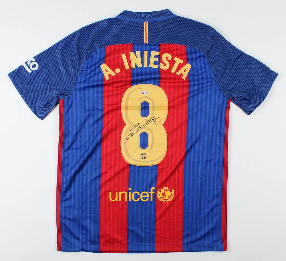 Andres Iniesta Signed FC Barcelona Jersey (Beckett COA): Nike on-field style jersey. Everything printed on, size M. Hand-signed by Andres Iniesta. Please see images for details regarding the condition of the jersey.The lot / autograph(s) includes an officia