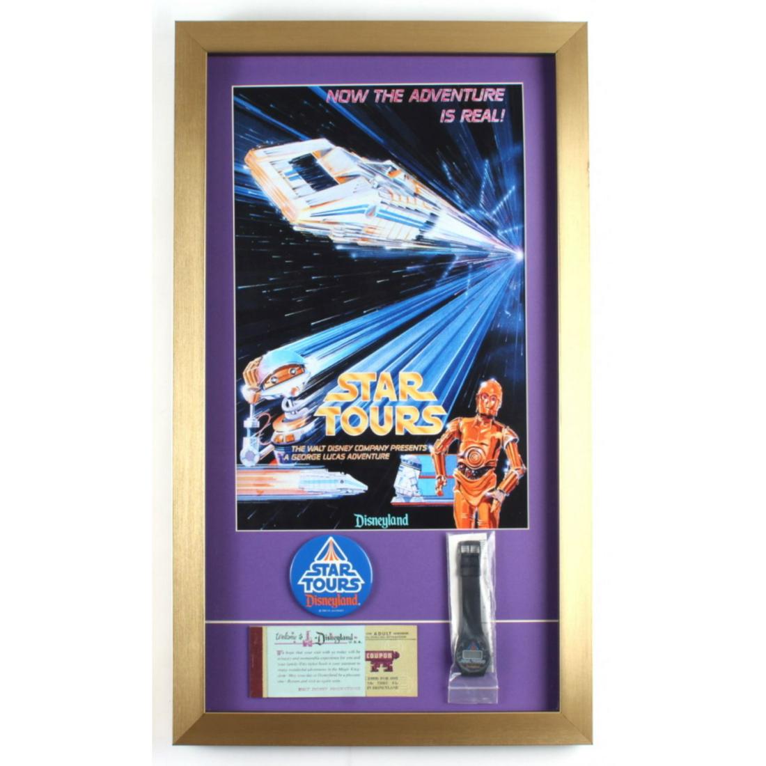 Disneyworld's "Star Tours" 15x26 Print Display with: Disneyworld's "Star Tours" 15x26 Print Display with Vintage Disney World Ticket Book, Ride Opening Watch in Original Packaging & Ride Lapel Pin