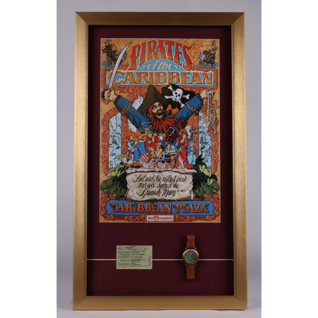 Disney World "Pirates of the Caribbean"15x26 Custom: Custom frame measures 15" x 26" in size and features a vintage Disney World "Pirates of the Caribbean" print. Display also contains a Pirates Ride Ticke and Pirates Watch.