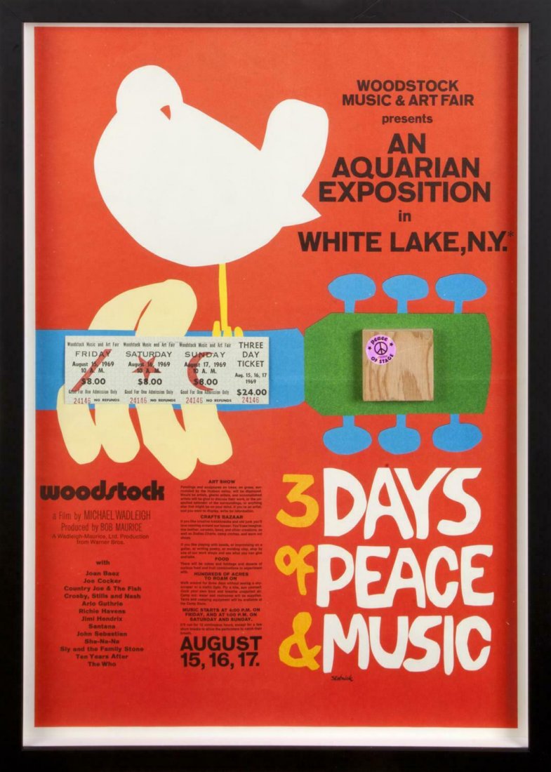 WOODSTOCK POSTER FRAMED ORIGINAL TICKETS & WOOD STAGE (1 of 2)