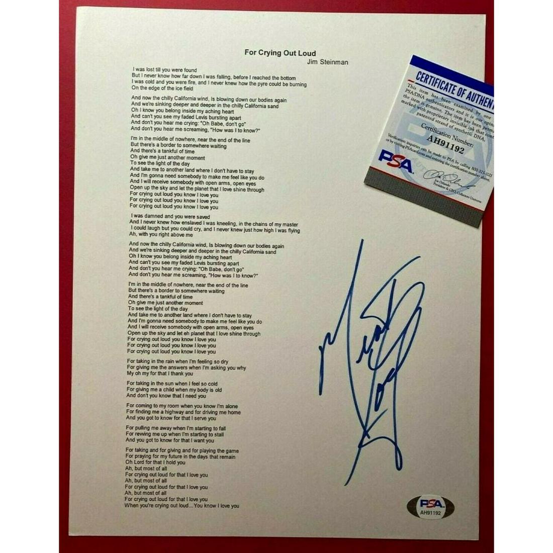 MEAT LOAF Signed FOR CRYING OUT LOUD Lyric Sheet Song (1 of 1)