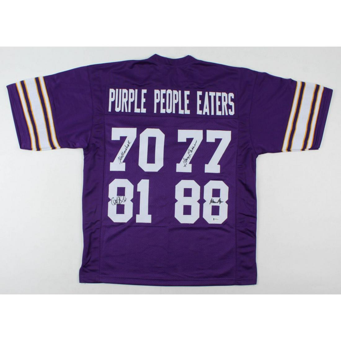 "Purple People Eaters" Jersey Signed by (4) with Alan: Custom on-field style jersey. Everything is sewn on, size XL. Has been hand-signed by Alan Page (HOF), Carl Eller (HOF), Jim Marshall, and Gary Larsen.The lot / autograph(s) includes an official Becke