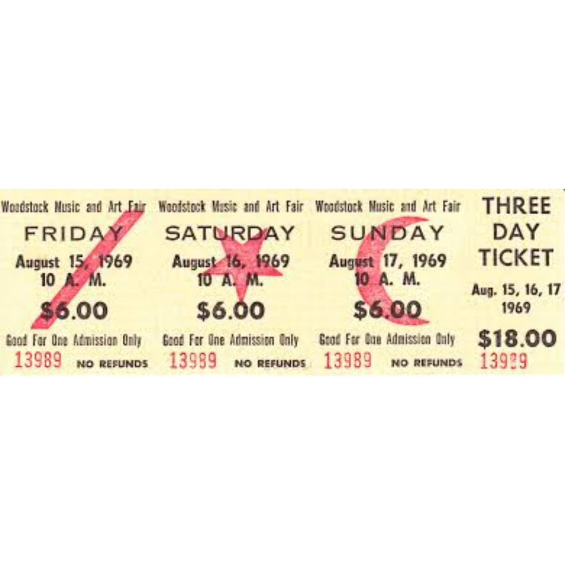 Woodstock Authentic Three Day Unused Ticket from August: An authentic unused ticket to the Woodstock Art and Music Fair on August 15th, 16th, and 17th, 1969.
