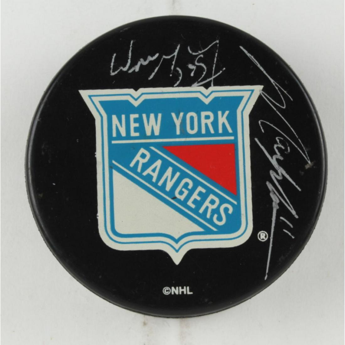 Wayne Gretzky & Mark Messier Signed Rangers Logo Hockey (1 of 2)