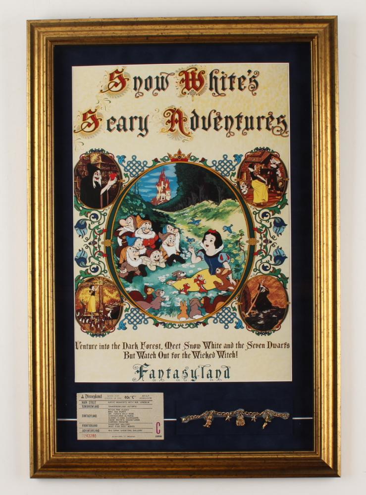 Disneyland's "Snow White's Scary Adventures" 17x25: Disneyland's "Snow White's Scary Adventures" 17x25 Print Display with Vintage 'C' Snow White Disneyland Ticket & Souvenir Disney Vintage Bracelet
