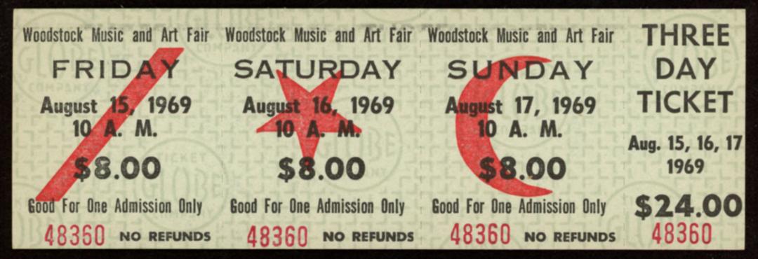 Woodstock Authentic Three Day Unused Ticket from August: Woodstock Authentic Three Day Unused Ticket from August 15, 16, 17, 1969. Mint