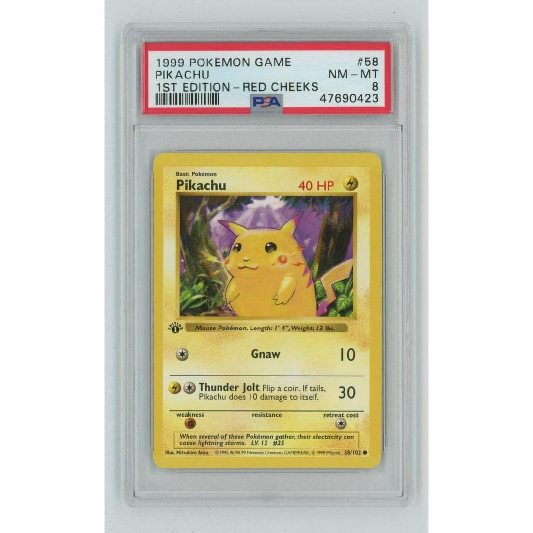 1999 Pokemon 1st Edition Shadowless Base Set #58: 1999 Pokemon 1st Edition Shadowless Base Set #58 Pikachu Red Cheeks PSA 8 Nm-Mt