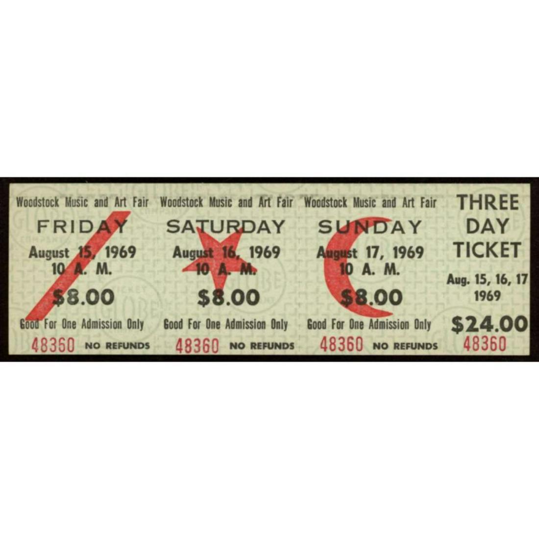 An authentic unused ticket to the Woodstock Art and: An authentic unused ticket to the Woodstock Art and Music Fair on August 15th, 16th, and 17th, 1969.