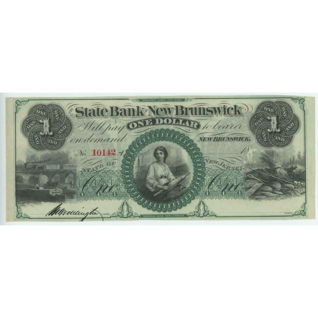 $1 State Bank of New Brunswick Obsolete Bank Note. New (1 of 2)