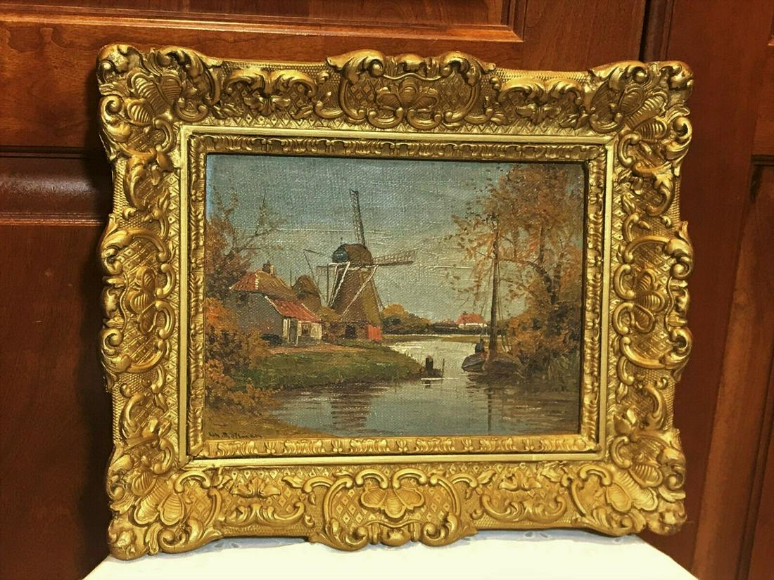 RARE Antique Oil Painting Canvas 6"x8" Windmill Water (1 of 2)