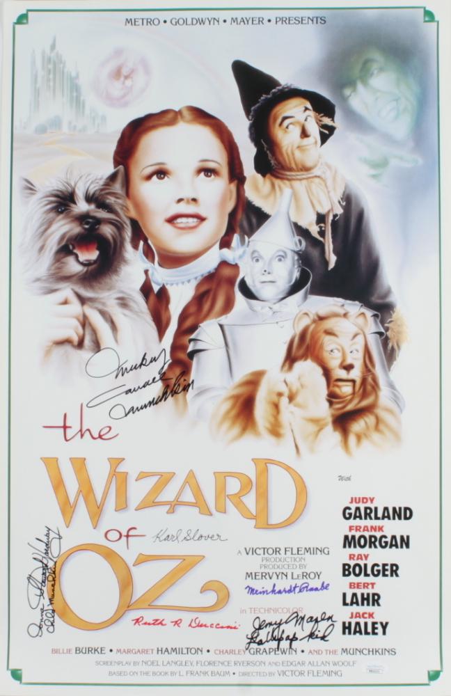 "The Wizard of Oz" 15.5x24 Movie Poster Signed by (6): Poster measures approximately 15.5" x 24" in size and has been hand-signed by Mickey Carroll (D. 2009), Donna Stewart-Hardaway (D. 2008), Karl Slover (D. 2011), Jerry Maren (D. 2018), Ruth Duccini (D.