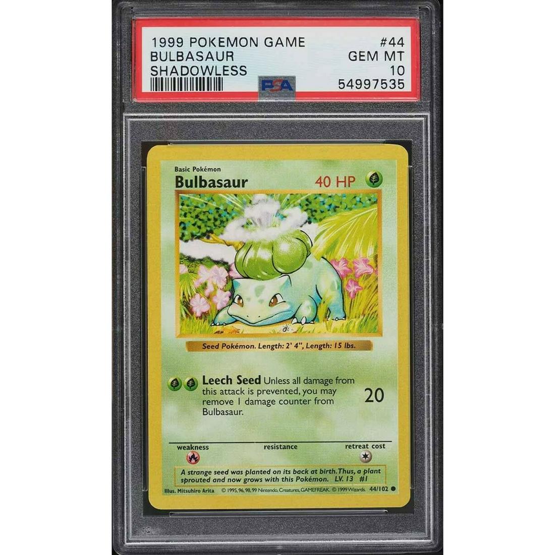 1999 POKEMON BASE SET SHADOWLESS BULBASAUR #44 PSA 10 (1 of 1)