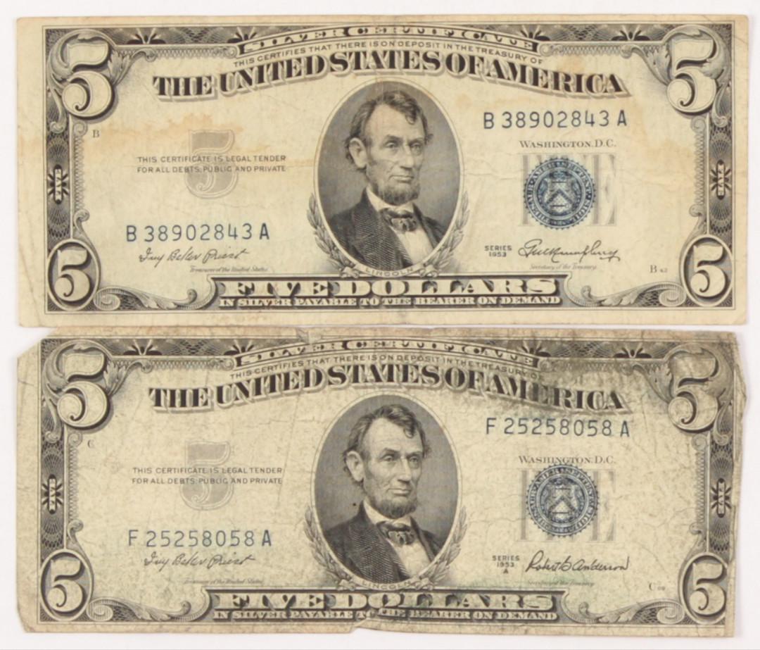 Lot of (2) 1953 $5 Five-Dollar U.S. Silver Certificates (1 of 2)