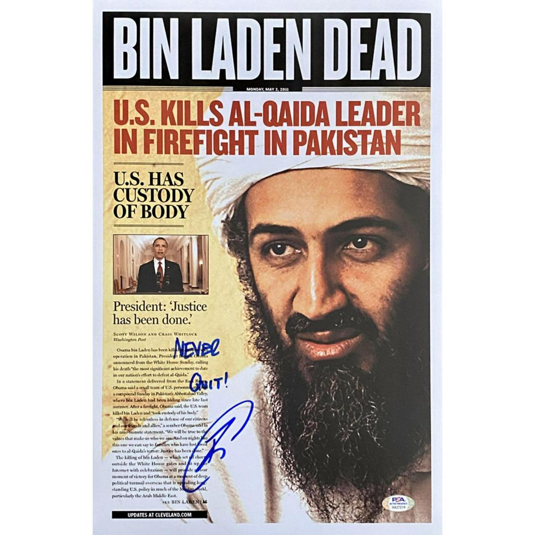 U.S. Navy Seal Robert J. O'Neill Signed Osama Bin Laden: Photo measures 11" x 17" in size and has been hand-signed and inscribed by Navy Seal Team 6 Leader, Robert O'Neill.Robert J. O'Neill fired the shots that killed Osama Bin Laden on May 2, 2011, during 