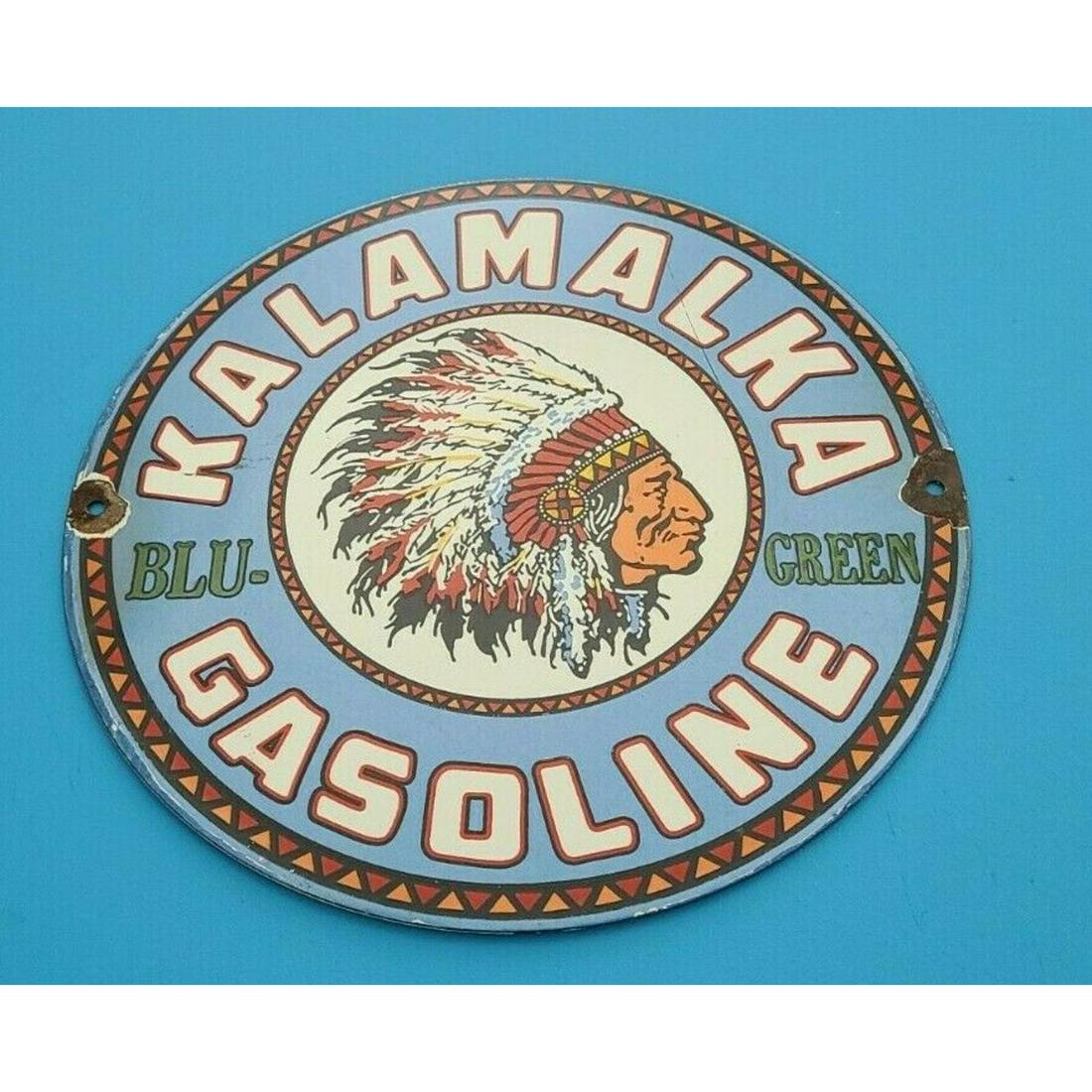 VINTAGE KALAMALKA GASOLINE PORCELAIN GAS INDIAN CHIEF: VINTAGE KALAMALKA GASOLINE PORCELAIN GAS INDIAN CHIEF SERVICE STATION PUMP SIGN