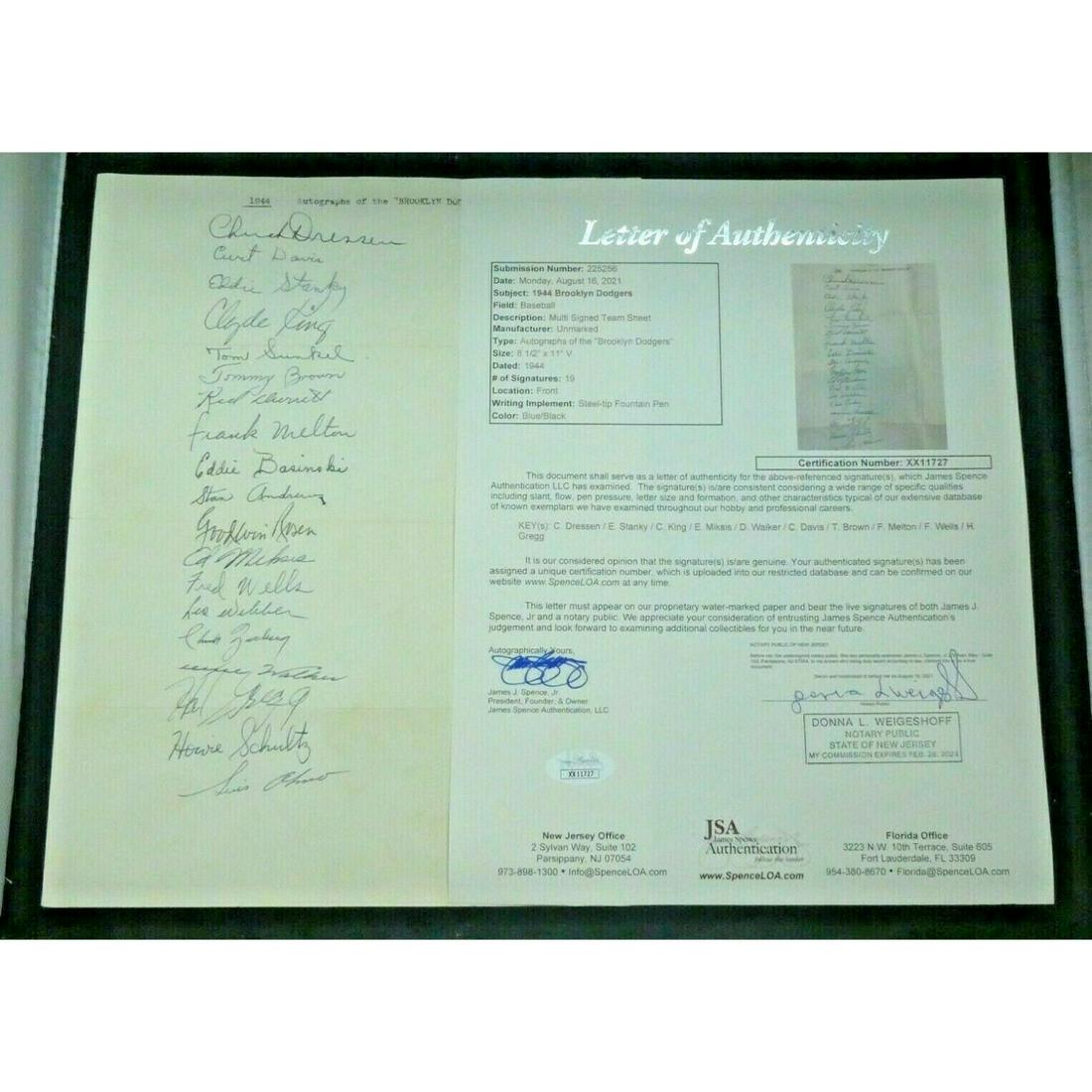 1944 Brooklyn Dodgers Team Signed Sheet JSA LOA (1 of 1)