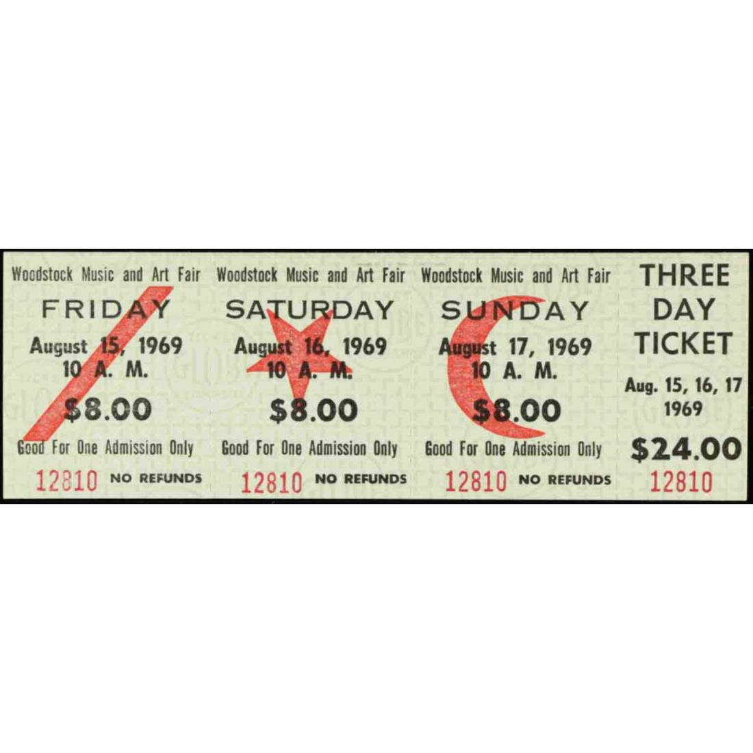 Woodstock Authentic Three Day Unused Ticket from August: Woodstock Authentic Three Day Unused Ticket from August 15, 16, 17, 1969