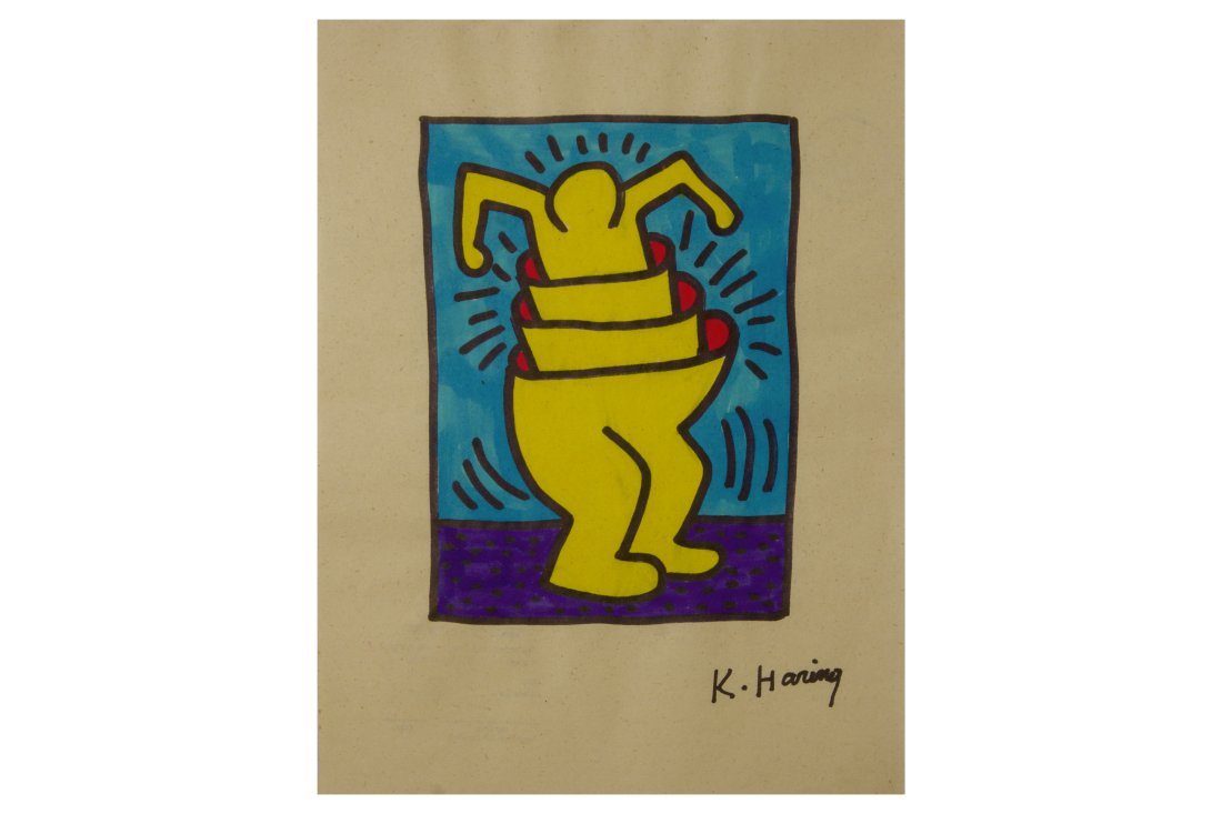 RARE Keith Haring Authentic Drawing on Vintage Paper SI: RARE Keith Haring Authentic Drawing on Vintage Paper SIGNED and Stamped by Haring Estate