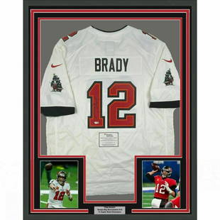 FRAMED Autographed/Signed TOM BRADY 33x42 White: FRAMED Autographed/Signed TOM BRADY 33x42 White Buccaneers Jersey Fanatics COA