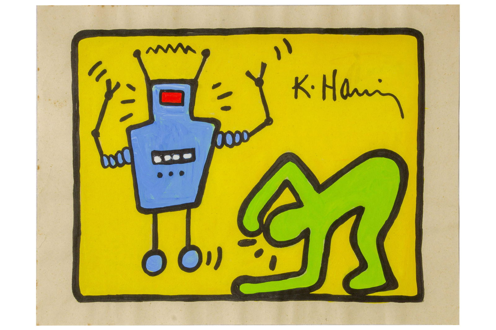 RARE Keith Haring Authentic Drawing on Vintage Paper: RARE Keith Haring Authentic Drawing on Vintage Paper SIGNED and Stamped by Haring Estate *robot*