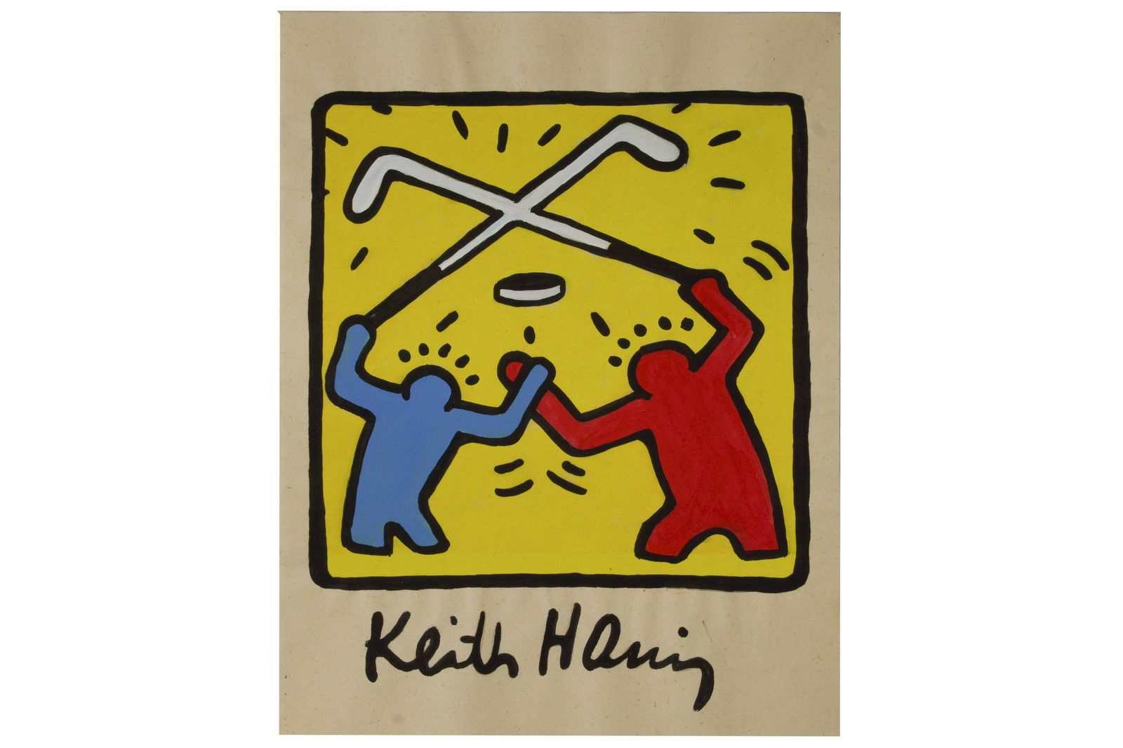 RARE Keith Haring Authentic Drawing on Vintage Paper: RARE Keith Haring Authentic Drawing on Vintage Paper SIGNED and Stamped by Haring Estate *hockey sticks*