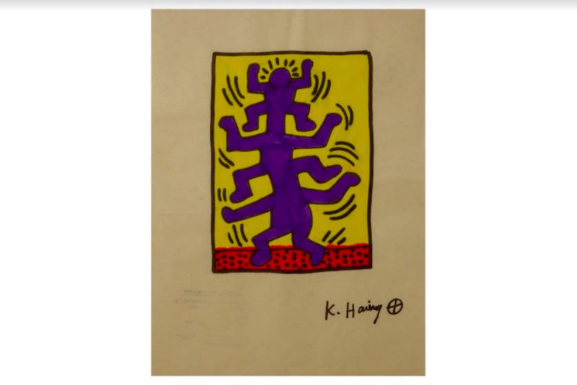 RARE Keith Haring Authentic Drawing on Vintage Paper: RARE Keith Haring Authentic Drawing on Vintage Paper SIGNED and Stamped by Haring Estate *Purple Guy With Many Arms*