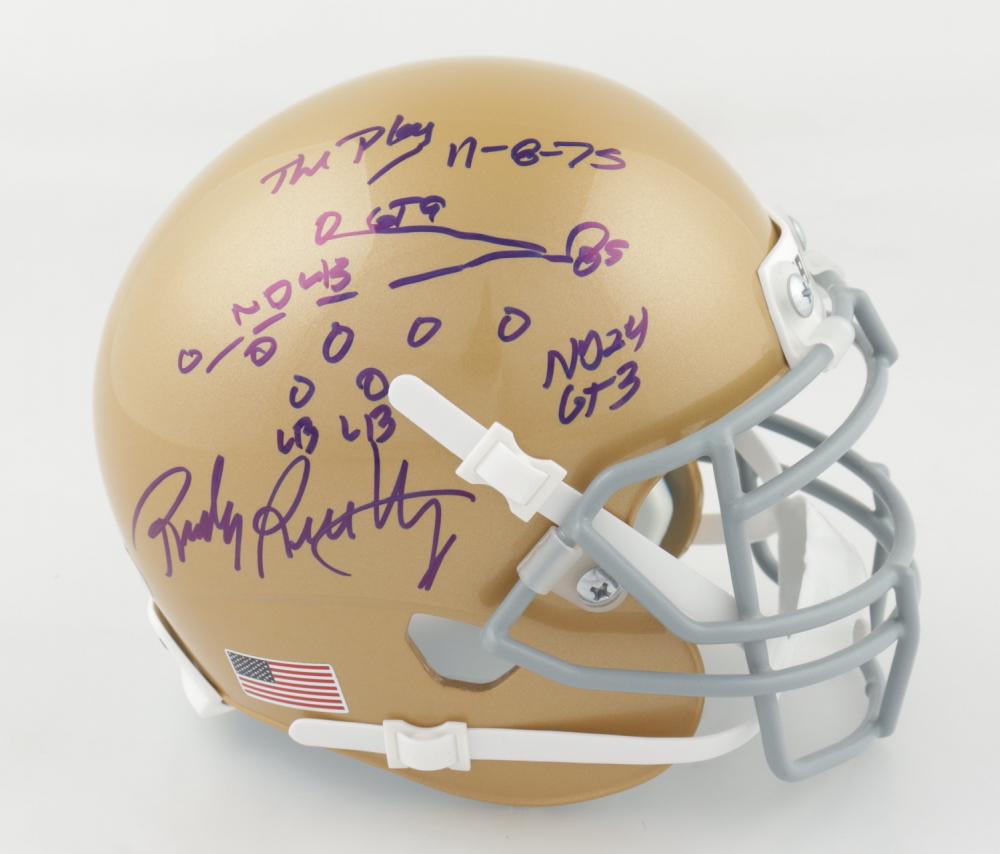 Rudy Ruettiger Signed Notre Dame Fighting Irish: Rudy Ruettiger Signed Notre Dame Fighting Irish Mini-Helmet with Hand-Drawn Play Sketch (Beckett COA & Ruettiger Hologram)