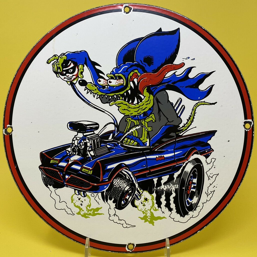 VINTAGE RAT FINK PORCELAIN SIGN GAS AND OIL BAT MOBILE: VINTAGE RAT FINK PORCELAIN SIGN GAS AND OIL BAT MOBILE ED BIG DADDY ROTH HOT ROD