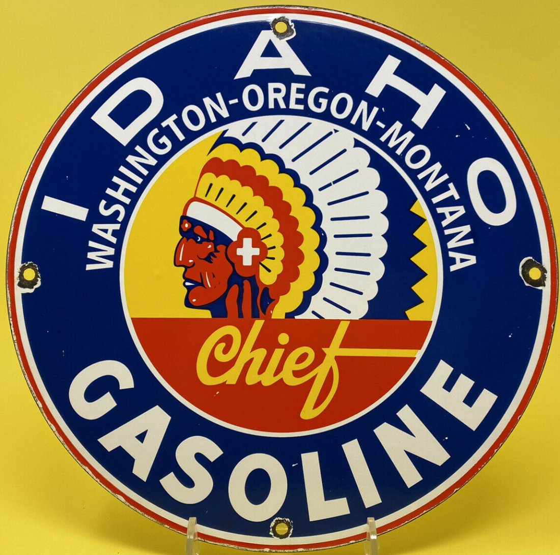 VINTAGE IDAHO GASOLINE PORCELAIN SIGN CHIEF GAS STATION: VINTAGE IDAHO GASOLINE PORCELAIN SIGN CHIEF GAS STATION PUMP PLATE WASHINGTON