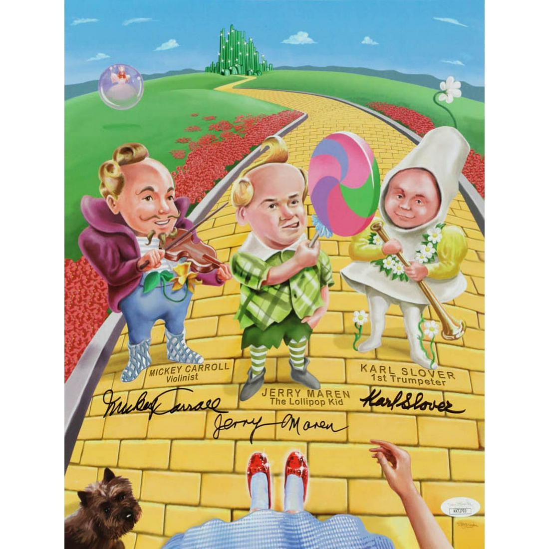 "The Wizard Of Oz" 11x14 Photo Cast-Signed by (3) with Mickey Carroll, Jerry Maren, Karl Slover (JSA: Photo measures approximately 11" x 14" in size and has been hand-signed by (3) including Mickey Carroll (D. 2009), Jerry Maren (D. 2018), Karl Slover (D. 2011).The lot / autograph(s) includes an offic