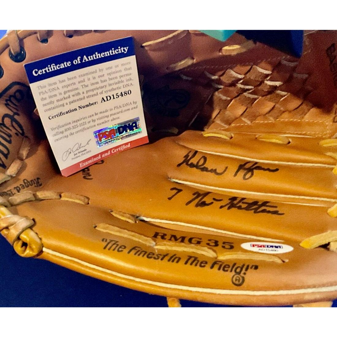 NOLAN RYAN SIGNED â€œ SEVEN NO HITTERS â€œ INSCRIBED GAME MODEL GLOVE (PSA COA) (1 of 2)
