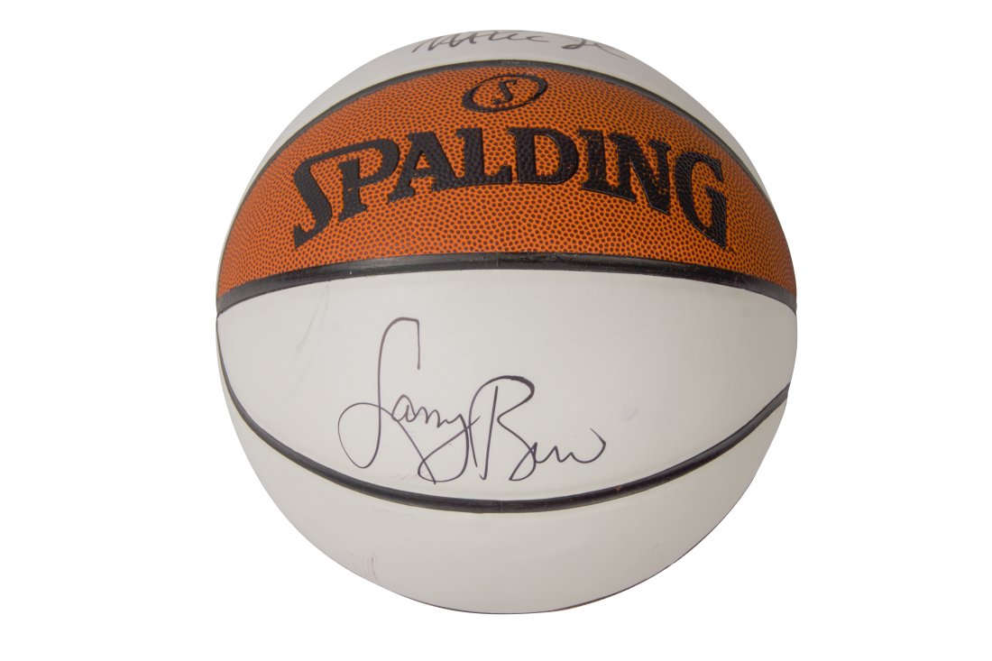 Magic Johnson & Larry Bird Signed BROWN+WHITE Spalding Basketball (Beckett Hologram) 1: Magic Johnson & Larry Bird Signed BROWN+WHITE Spalding Basketball (Beckett Hologram) 1