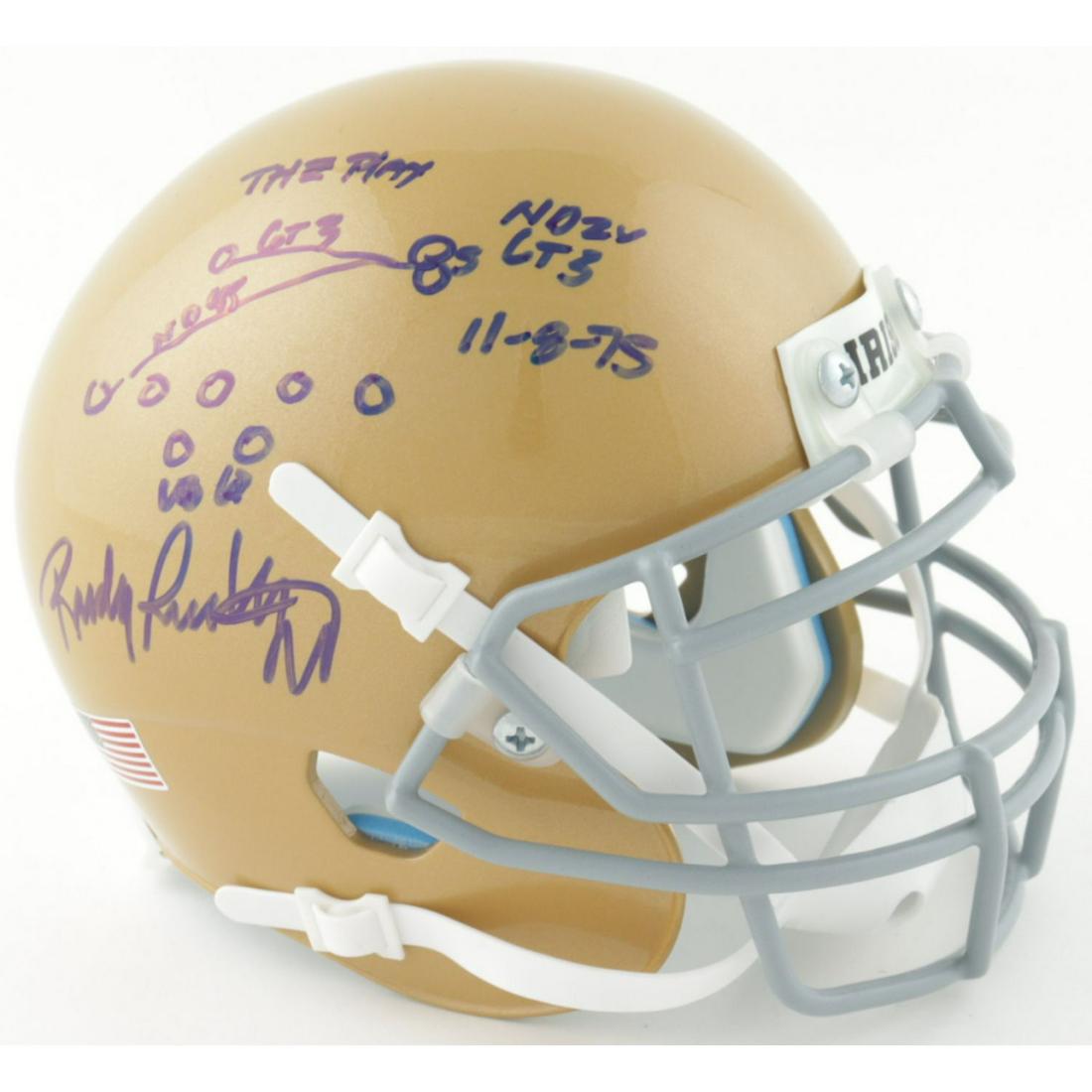 Rudy Ruettiger Signed Notre Dame Fighting Irish Mini Helmet Inscribed "The Play" & "11-8-75" with (1 of 1)