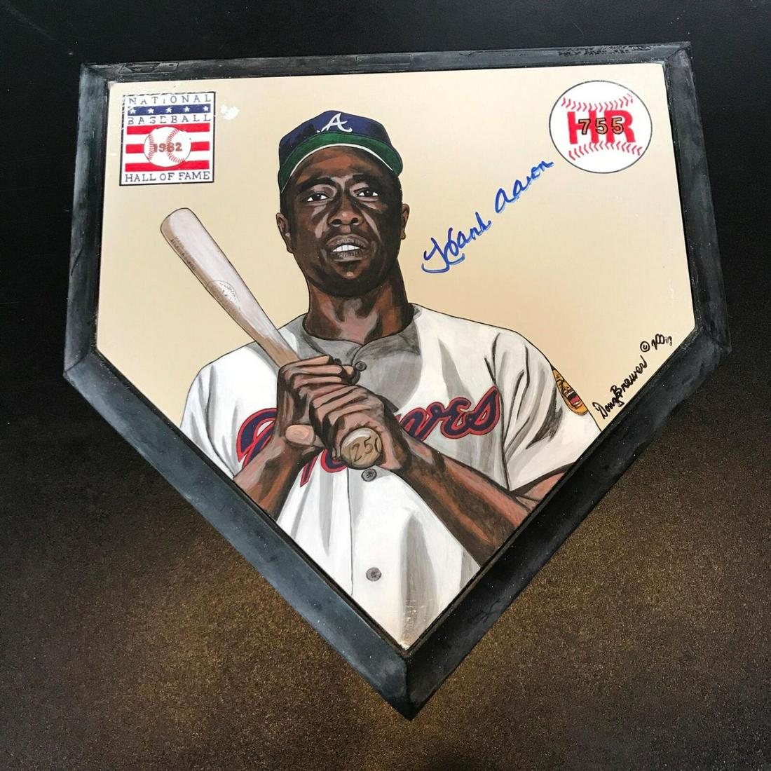 Beautiful Hank Aaron Signed Original Hand Painted Home Plate Art PSA LOA (1 of 2)